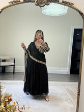 Load image into Gallery viewer, Chiffon frock style suit with sari draped duppata and hand embellishments and silk trouser. Eid collection. Party wear.