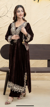Load image into Gallery viewer, Design 2 Morrored Velvet Embroidered on trend kaftan with trouser and dupatta