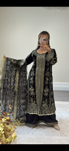 Load image into Gallery viewer, Velvet embroidered 3 piece suit. With organza and wide leg trouser.Pakistani Indian shalwar kameez.
