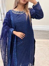 Load image into Gallery viewer, Sparkle Golden chiffon suit with embroidered chiffon duppata and trouser. Party wear. Eid collection.
