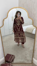 Load image into Gallery viewer, Maroon embroidered suit with full embellishment detailing and organza embroidered duppata. Crepe trouser. Eid collection and party wear