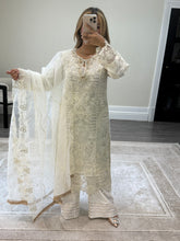 Load image into Gallery viewer, White baroque inspired organza suit with embellishment and embroidery with organza duppata and trouser. Asian party wear suit.
