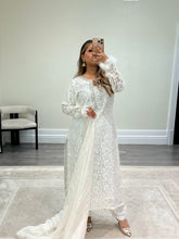 Load image into Gallery viewer, Lace net pearl embellished suit with trouser with chiffon duppata.