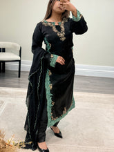 Load image into Gallery viewer, Organza Green and black hand embroidered 3 piece suit with chiffon duppata and trouser
