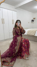 Load image into Gallery viewer, Pink Organza embellished 3 piece suit with wide leg silk trouser Eid collection party wear