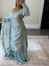 Load image into Gallery viewer, Sheesha silk suit with Gota work and embroidery and silk pleated lehenga and cotton net duppata. Party wear. Asian wedding suit.