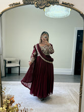 Load image into Gallery viewer, Chiffon frock style suit with sari draped duppata and hand embellishments and silk trouser. Eid collection. Party wear.