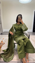 Load image into Gallery viewer, Vanya inspired silk embroidered suit with sequin embroidery and embellishments. Chiffon duppata. Eid and party wear.