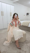 Load image into Gallery viewer, Cotton silk handwork suit in  off white with colourful embroidery and silk duppata