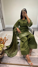 Load image into Gallery viewer, Vanya inspired silk embroidered suit with sequin embroidery and embellishments. Chiffon duppata. Eid and party wear.