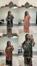 Load image into Gallery viewer, Stylish silk printed 2 piece coord set with printed shirt and trouser. One size fits all.