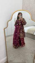 Load image into Gallery viewer, Pink Organza embellished 3 piece suit with wide leg silk trouser Eid collection party wear