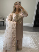Load image into Gallery viewer, Silk embroidered suit with Gota work and embroidery and silk farshi shalwar and cotton net duppata. Party wear. Asian wedding suit.