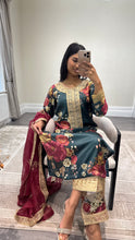Load image into Gallery viewer, silk green floral embroidered 3 piece suit with khadi net duppata