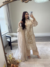 Load image into Gallery viewer, Qalamkar inspired khadi net suit with embroidered khadi net duppata and lawn embroidered trouser