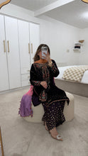 Load image into Gallery viewer, Purple velvet embroidered suit with sequin embroidery and embellishments. Chiffon duppata. Eid and party wear.