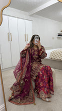 Load image into Gallery viewer, Pink Organza embellished 3 piece suit with wide leg silk trouser Eid collection party wear