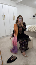 Load image into Gallery viewer, Purple velvet embroidered suit with sequin embroidery and embellishments. Chiffon duppata. Eid and party wear.