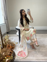 Load image into Gallery viewer, Black/ white chiffon embroidered suit with sequin embroidery and embellishments. Chiffon duppata. Eid and party wear.