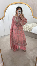 Load image into Gallery viewer, Light Pink Maria b inspired chiffon suit with embellishment and embroidery with chiffon duppata and trouser. Asian party wear suit.