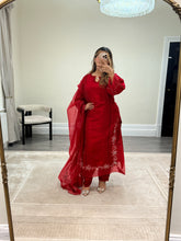 Load image into Gallery viewer, Korean raw silk suit with emrboidery and lace details. Organza duppata. Party wear. Eid collection.