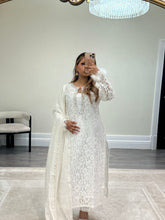 Load image into Gallery viewer, Lace net pearl embellished suit with trouser with chiffon duppata.