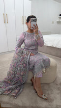 Load image into Gallery viewer, Defective Lilac / silver cotton net embroidered suit with cotton net duppata and crepe trouser (Copy)