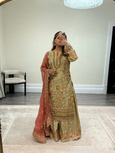 Load image into Gallery viewer, DEFECTIVE Baroque inspired golden chiffon embroidered suit with sharara with chiffon duppata. (Copy)
