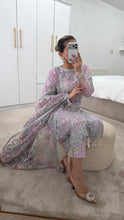 Load image into Gallery viewer, Defective Lilac / silver cotton net embroidered suit with cotton net duppata and crepe trouser (Copy)