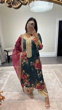 Load image into Gallery viewer, silk green floral embroidered 3 piece suit with khadi net duppata