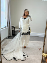 Load image into Gallery viewer, Cream and black embroidered cotton silk suit with shalwar and organza duppata with embroidery.