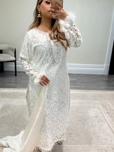 Load image into Gallery viewer, Lace net pearl embellished suit with trouser with chiffon duppata.