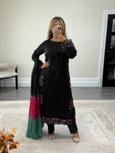 Load image into Gallery viewer, Black silk suit with embroidered sequin work and silk tye dye duppata and silk trouser