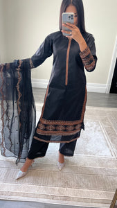 Black lawn embroidered lawn suit with cotton net duppata