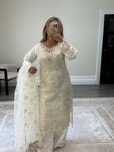 Load image into Gallery viewer, White baroque inspired organza suit with embellishment and embroidery with organza duppata and trouser. Asian party wear suit.