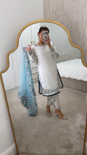 Load image into Gallery viewer, Blue and white Embroidered silk suit with embroidered organza duppata and trouser. And Matching purse Party wear. Eid collection.