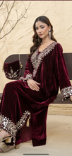 Load image into Gallery viewer, Design 2 Morrored Velvet Embroidered on trend kaftan with trouser and dupatta