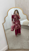 Load image into Gallery viewer, Jazmin inspired chiffon embroidered suit with chiffon duppata and wide leg embroidered trouser