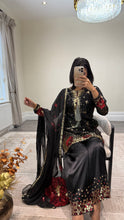 Load image into Gallery viewer, Black/ white chiffon embroidered suit with sequin embroidery and embellishments. Chiffon duppata. Eid and party wear.