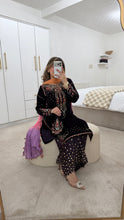 Load image into Gallery viewer, Purple velvet embroidered suit with sequin embroidery and embellishments. Chiffon duppata. Eid and party wear.