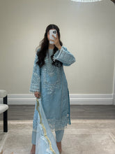 Load image into Gallery viewer, Ice blue Organza embellished suit with stonework. Organza duppata and silk trouser.