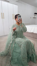 Load image into Gallery viewer, Cutdana Green suit with embroidered cotton net duppata and trouser. Party wear. Eid collection.