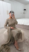 Load image into Gallery viewer, Sparkle Golden chiffon suit with embroidered chiffon duppata and trouser. Party wear. Eid collection.