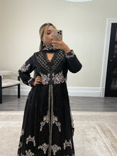 Load image into Gallery viewer, Maria b inspired black chiffon frock with embroidered and rhinestone detailing with trouser and chiffon duppata