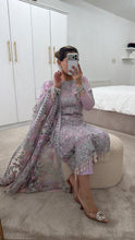 Load image into Gallery viewer, Defective Lilac / silver cotton net embroidered suit with cotton net duppata and crepe trouser (Copy)