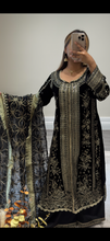 Load image into Gallery viewer, Velvet embroidered 3 piece suit. With organza and wide leg trouser.Pakistani Indian shalwar kameez.