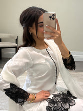 Load image into Gallery viewer, black and white embroidered raw silk suit with silk plazzo and chiffon duppata party wear suit
