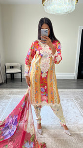 Maria B inspired embroidered lawn suit colourful print with chiffon duppata