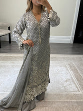 Load image into Gallery viewer, Grey Maria b inspired chiffon suit with embellishment and embroidery with chiffon duppata and trouser. Asian party wear suit.