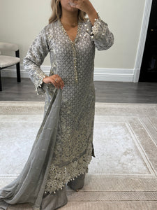 Grey Maria b inspired chiffon suit with embellishment and embroidery with chiffon duppata and trouser. Asian party wear suit.